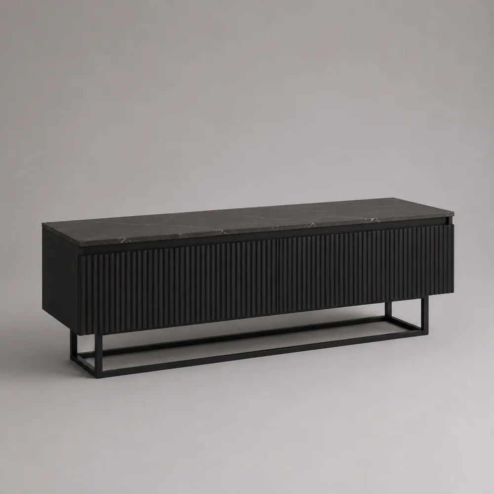 Mobile TV 180 x 40 x 50 cm in MDF nero con piano in marmo sinterizzato e base in metallo