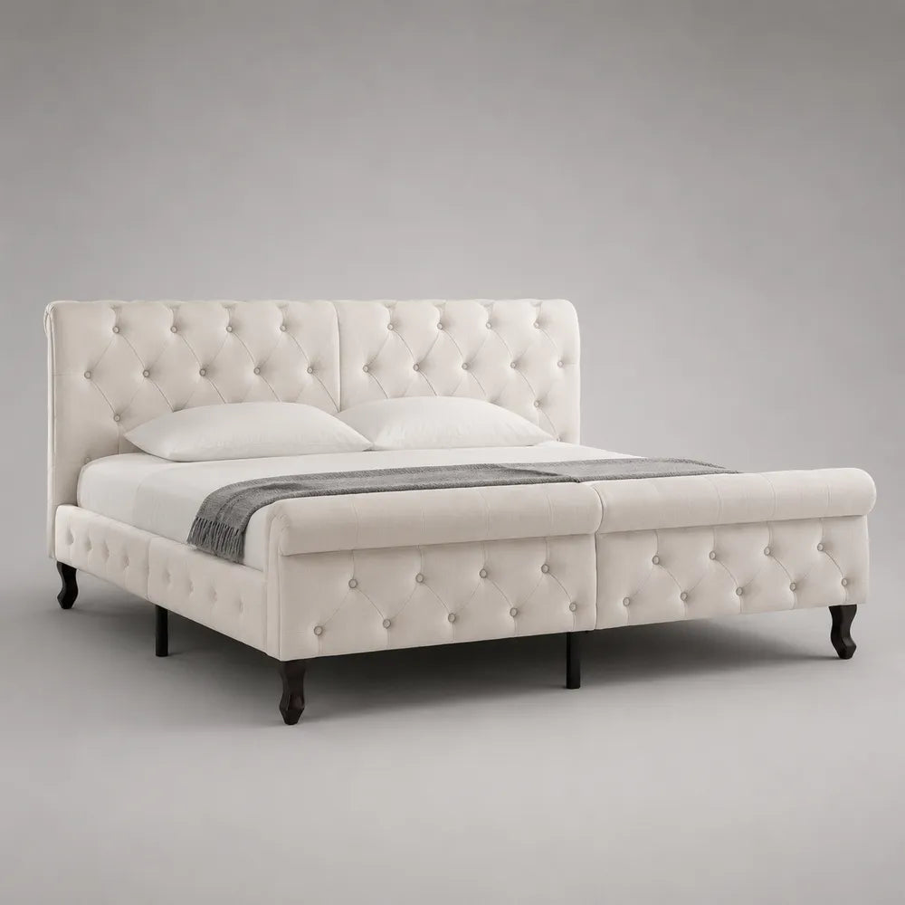 Letto matrimoniale 160 x 200 cm in tessuto poliestere effetto lino beige con testiera e pediera imbottite trapuntate struttura in MDF e metallo