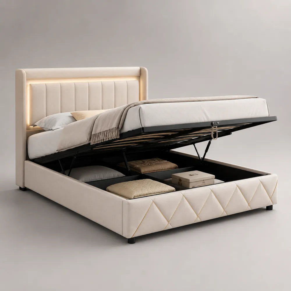 Letto matrimoniale contenitore 160 cm x 200 cm in tessuto poliestere effetto velluto beige con testiera imbottita LED e vano contenitore sollevabile