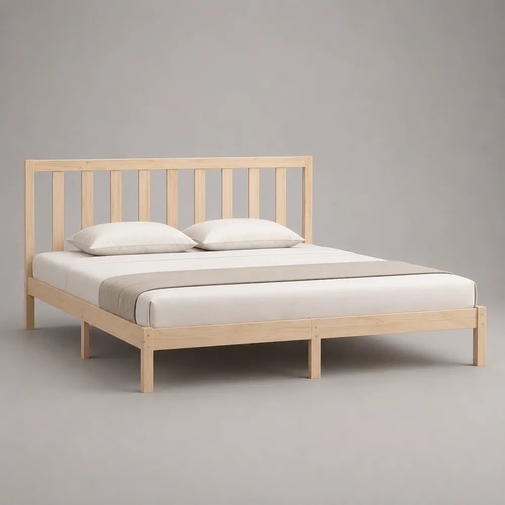 Letto matrimoniale 160 x 200 cm in legno naturale con testiera a doghe verticali struttura in pino massello e rete a doghe