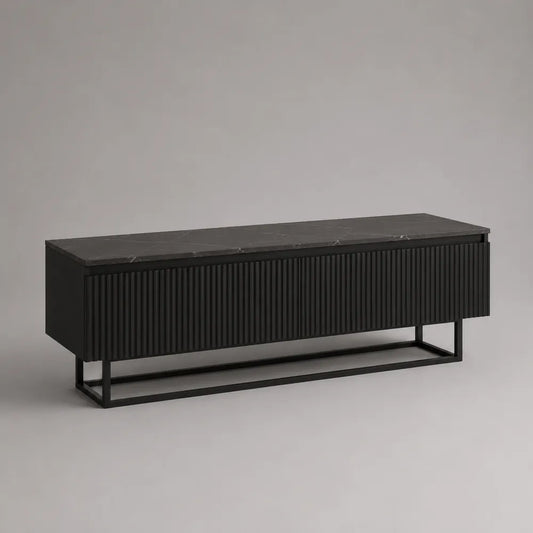 Mobile TV 180 x 40 x 50 cm in MDF nero con piano in marmo sinterizzato e base in metallo