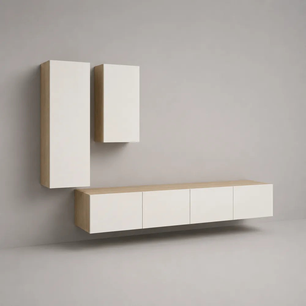 Mobile TV a parete 200 x 30 x 180 cm in MDF bianco e rovere chiaro con pensili sospesi e contenitore orizzontale