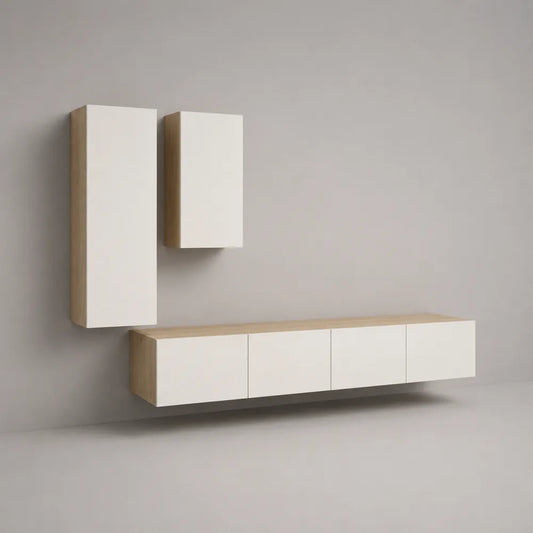 Mobile TV a parete 200 x 30 x 180 cm in MDF bianco e rovere chiaro con pensili sospesi e contenitore orizzontale