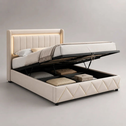 Letto matrimoniale contenitore 160 cm x 200 cm in tessuto poliestere effetto velluto beige con testiera imbottita LED e vano contenitore sollevabile