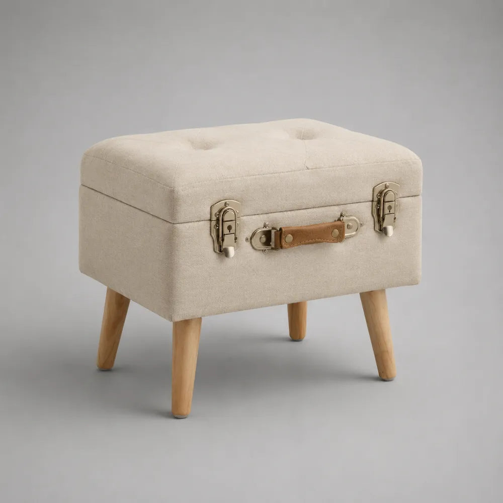 Panca contenitore imbottita 60x40x45 cm tessuto poliestere beige gambe in legno naturale con dettagli in metallo forma rettangolare