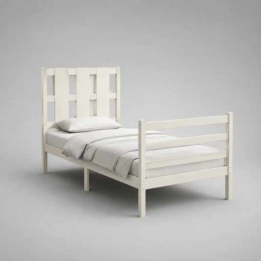 Letto singolo 90 x 200 cm in legno di pino e MDF verniciato bianco con testiera e pediera a doghe struttura rettangolare con rete a doghe