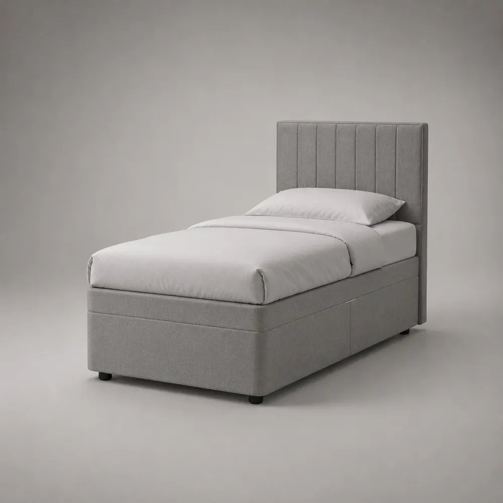 Letto singolo 90 x 200 cm con contenitore in tessuto poliestere grigio con testiera imbottita a pannelli verticali e base con cassetti