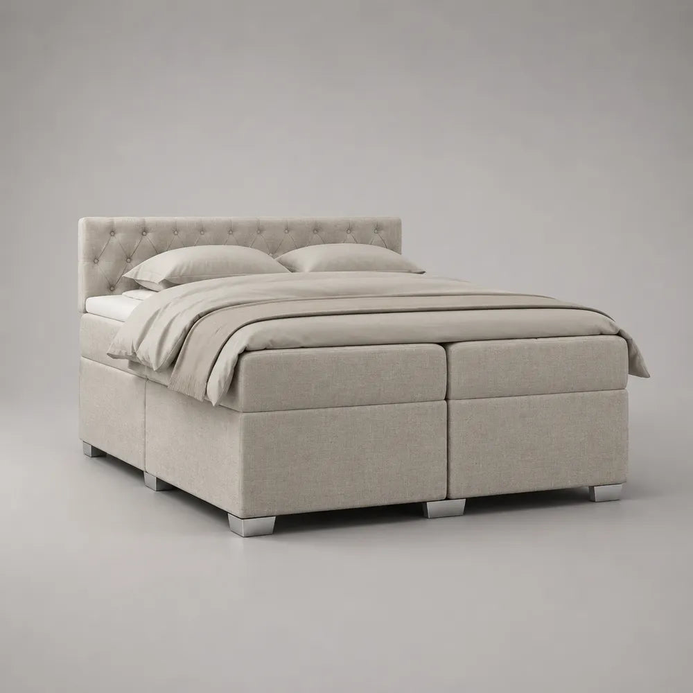 Letto contenitore matrimoniale 160 x 200 cm in tessuto poliestere effetto lino beige con testiera imbottita trapuntata e doppio vano cassetti frontali struttura in MDF e metallo