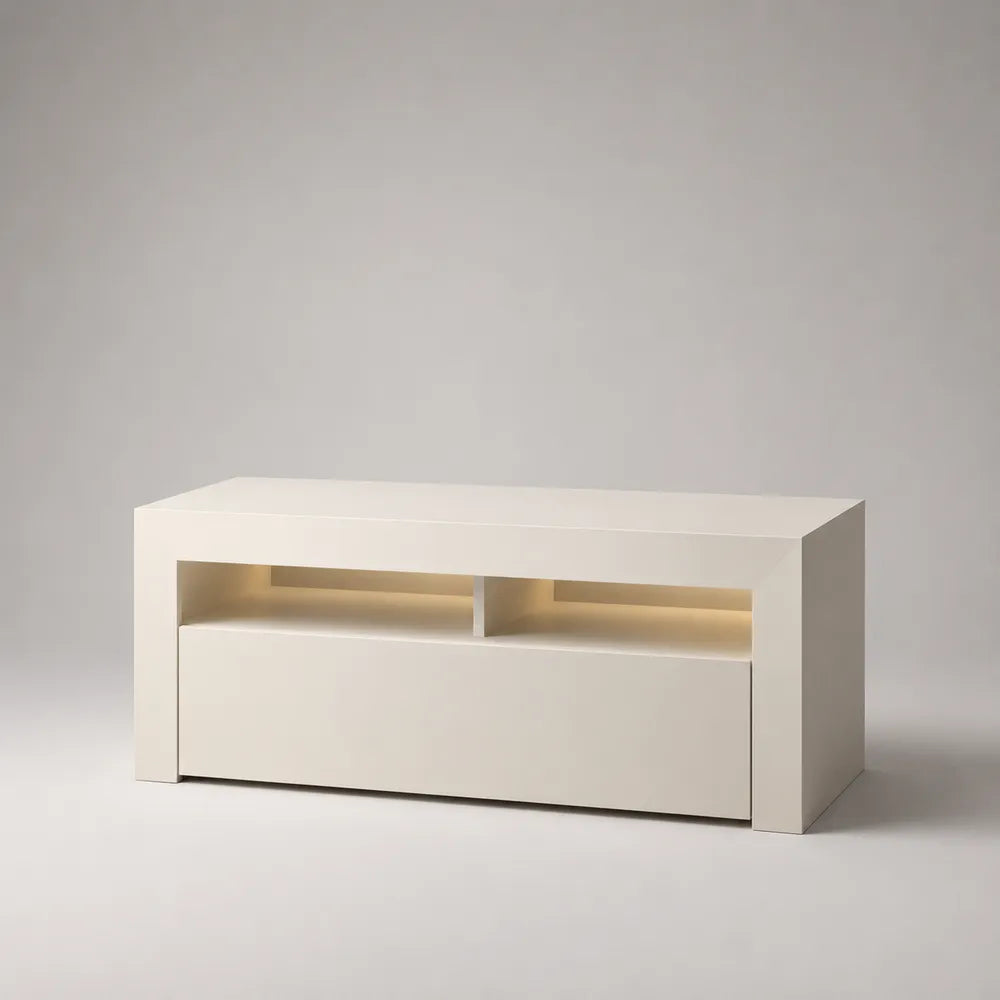 Mobile TV basso in MDF bianco opaco con vano aperto illuminato e cassetto frontale 160 x 40 x 50 cm