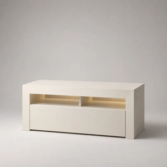 Mobile TV basso in MDF bianco opaco con vano aperto illuminato e cassetto frontale 160 x 40 x 50 cm
