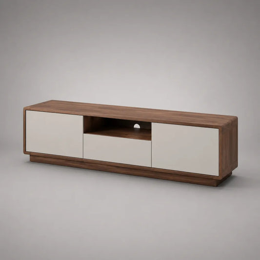 Mobile TV basso in truciolare e MDF effetto noce e bianco opaco con vano aperto e cassetto 180 x 40 x 45 cm