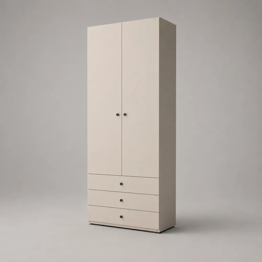Armadio camera da letto 2 ante 3 cassetti struttura in MDF colore beige con dettagli nero forma rettangolare