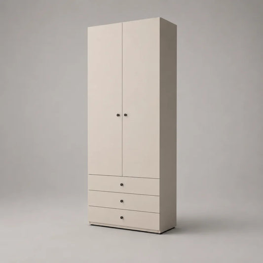 Armadio camera da letto 2 ante 3 cassetti struttura in MDF colore beige con dettagli nero forma rettangolare