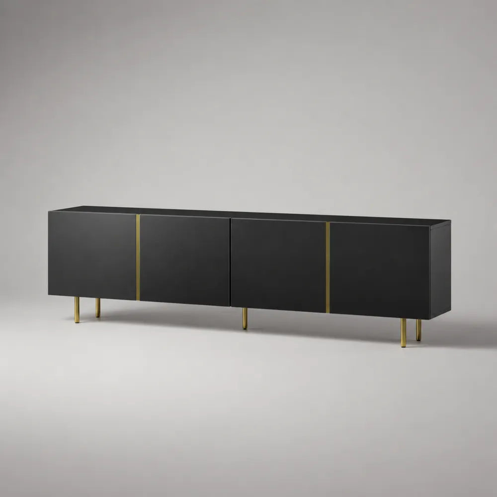 Mobile TV basso in MDF e truciolare nero opaco con 4 ante e gambe in acciaio verniciato oro 180 x 40 x 50 cm