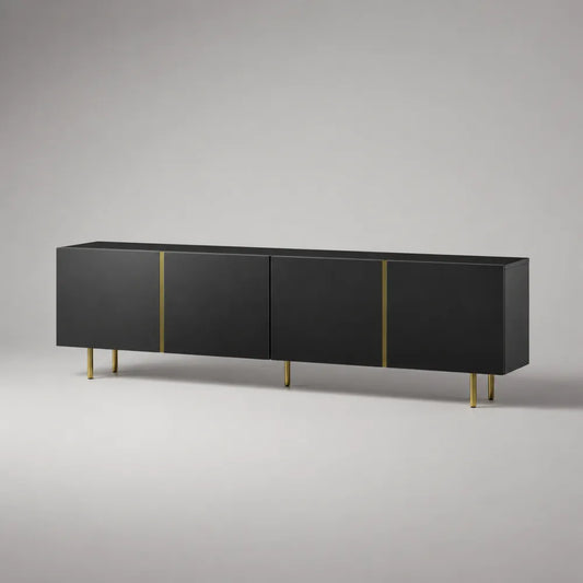 Mobile TV basso in MDF e truciolare nero opaco con 4 ante e gambe in acciaio verniciato oro 180 x 40 x 50 cm