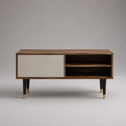 Mobile TV basso in MDF effetto noce con anta in tessuto e ripiani aperti struttura in metallo nero con piedini oro 160 x 40 x 50 cm