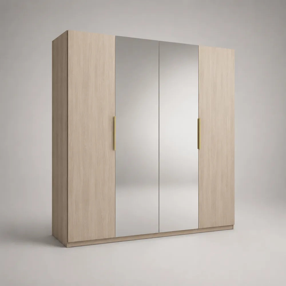 Armadio camera da letto 200x60x200 cm 4 ante con specchi struttura in MDF effetto rovere naturale e maniglie in metallo colore oro forma rettangolare
