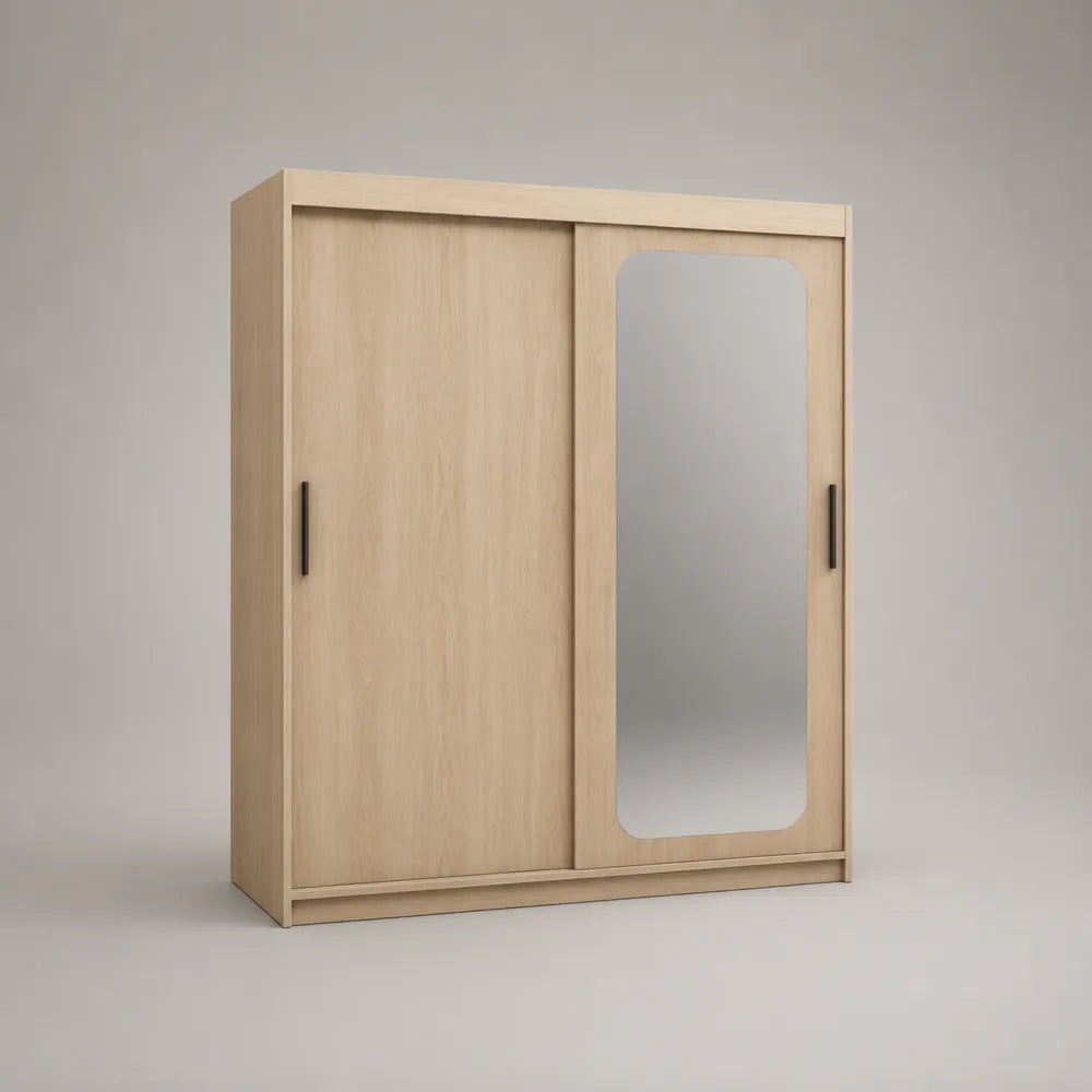 Armadio camera da letto 180x60x200 cm ante scorrevoli con specchio struttura in MDF effetto rovere chiaro maniglie in metallo nero forma rettangolare