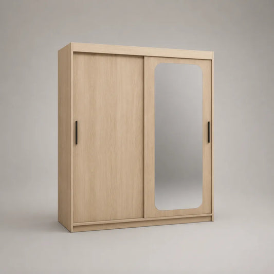 Armadio camera da letto 180x60x200 cm ante scorrevoli con specchio struttura in MDF effetto rovere chiaro maniglie in metallo nero forma rettangolare