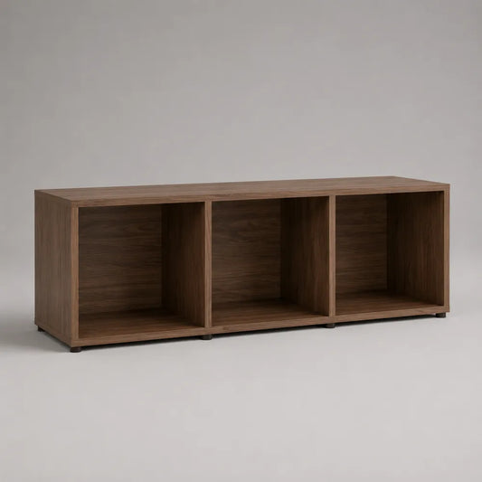Mobile TV basso in truciolare effetto noce scuro con 3 vani aperti 180 x 40 x 50 cm