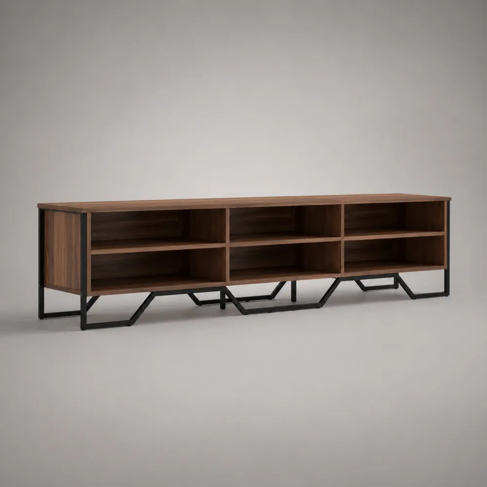 Mobile TV basso a giorno in MDF effetto noce con struttura in acciaio nero e 6 vani aperti 200 x 40 x 45 cm