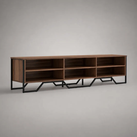 Mobile TV basso a giorno in MDF effetto noce con struttura in acciaio nero e 6 vani aperti 200 x 40 x 45 cm